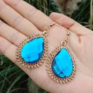 RareLove Gothic Halloween Costumes Princess Blue Rhinestone Teardrop Gold Plated Alloy Vintage Dangle Piercing Earrings For Women