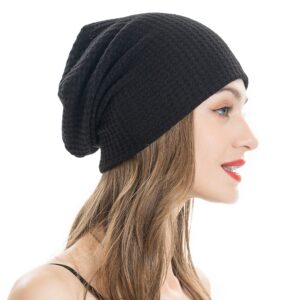 zlyc women fashion knit slouchy beanie hat thin stretch skull caps (solid black)