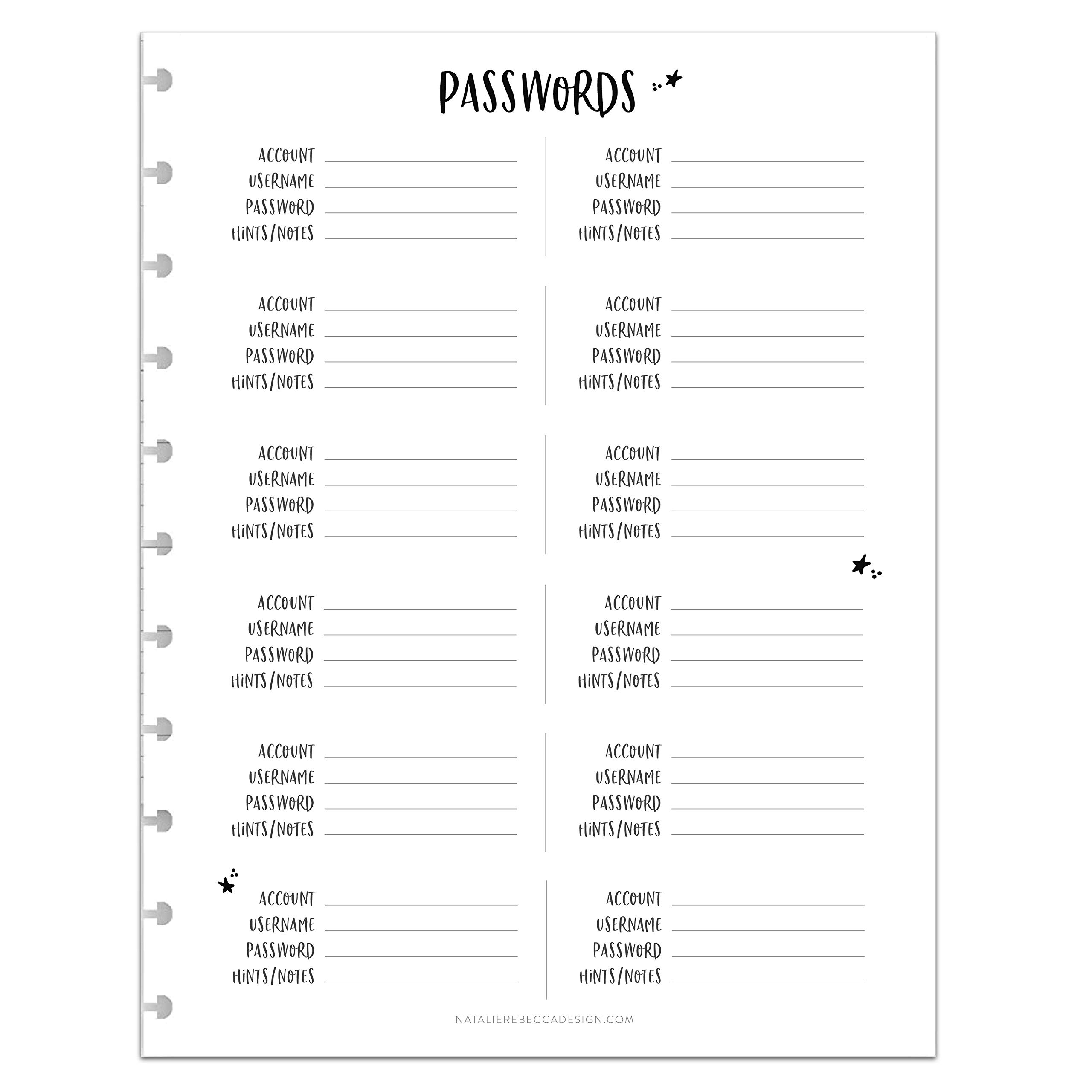 BetterNote Password Tracker Refill Pages for Disc Notebook, Fits Discbound, Levenger Circa, Happy Planner, Staples Arc, TUL, Talia (Whimsy- 25 pages, 11-Disc, 8.5"x11")