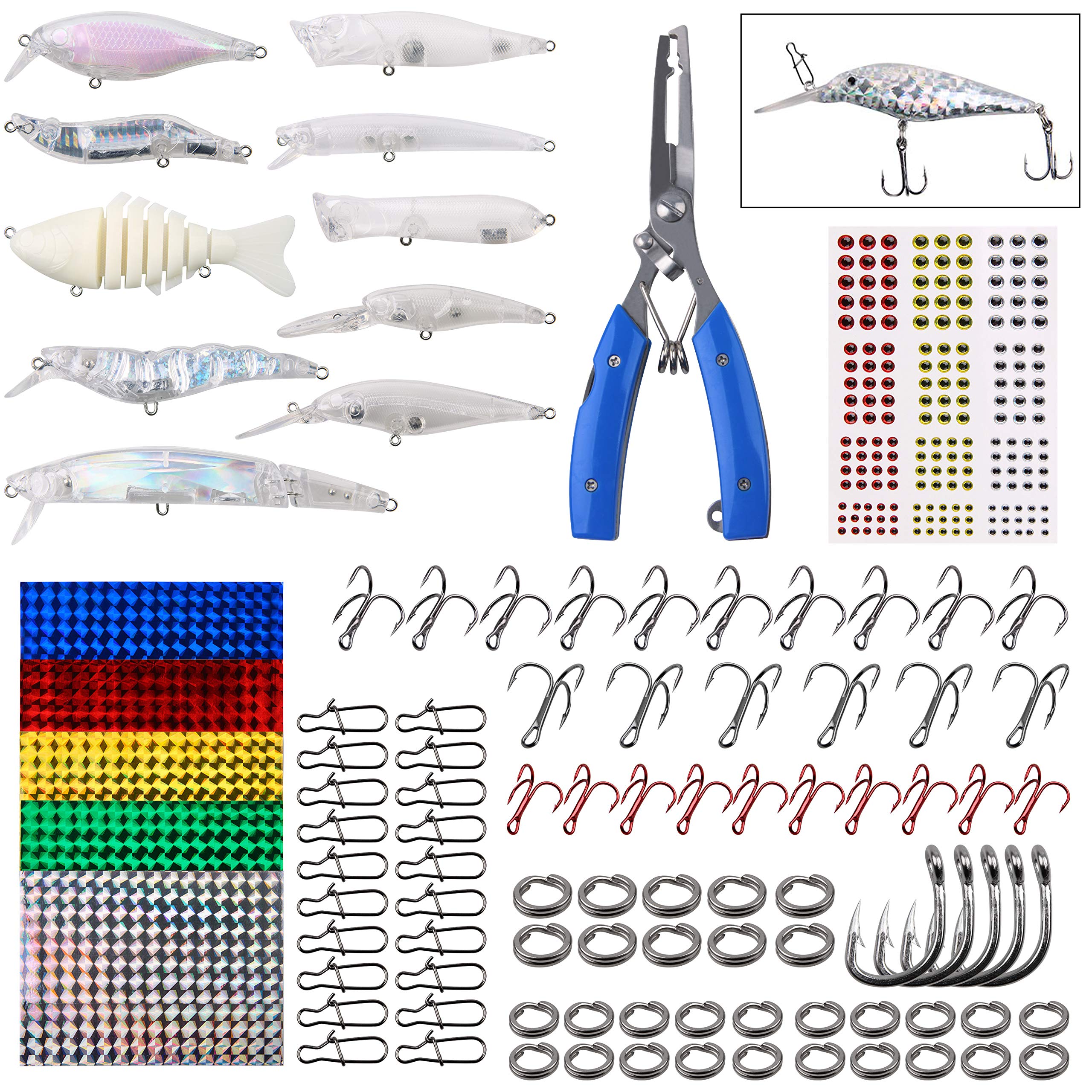 Blank Fishing Lure Making Kit 280PCS DIY Fishing Lure Kit Topwater Unpainted Swimbait Crankbaits Minnow Hard Lures Treble Hooks Fishing Pliers Eyes Stickers Make Your Own Fishing Lures