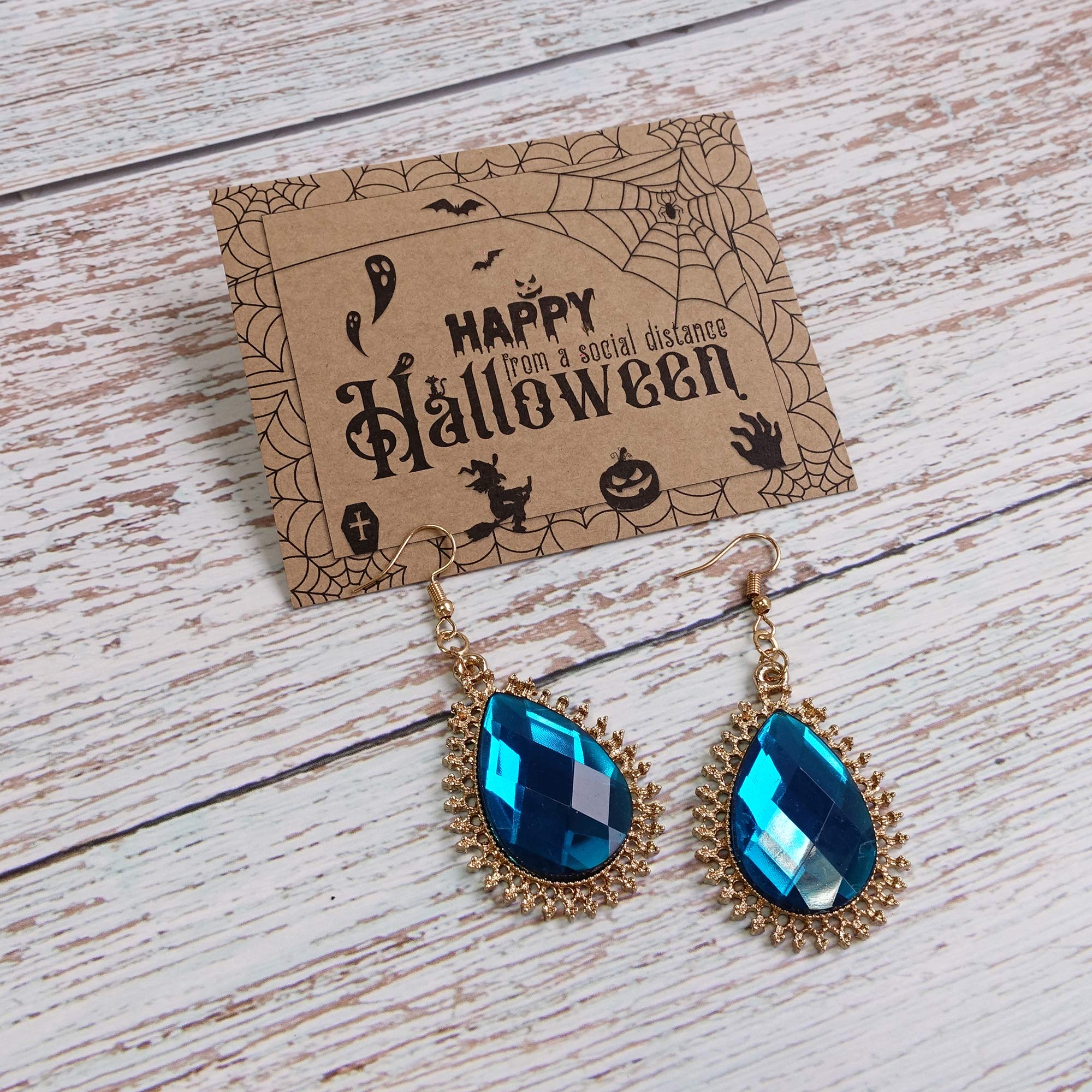 RareLove Gothic Halloween Costumes Princess Blue Rhinestone Teardrop Gold Plated Alloy Vintage Dangle Piercing Earrings For Women