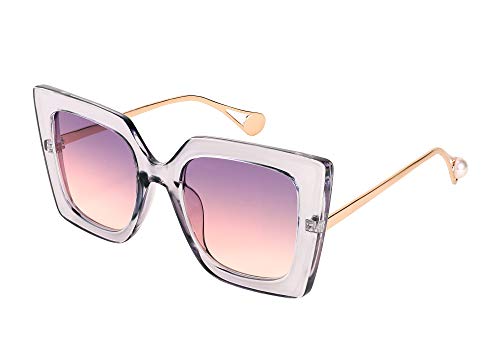 FEISEDY Sunglasses Womens Trendy, Oversized Square Shades, Pearl Inlay Cat Eye Frame UV400 Protection B2625,Clear Purple/Purple Pink