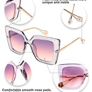 FEISEDY Sunglasses Womens Trendy, Oversized Square Shades, Pearl Inlay Cat Eye Frame UV400 Protection B2625,Clear Purple/Purple Pink