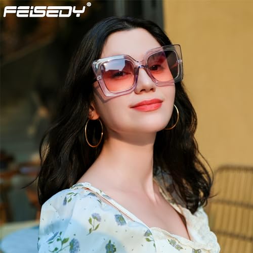 FEISEDY Sunglasses Womens Trendy, Oversized Square Shades, Pearl Inlay Cat Eye Frame UV400 Protection B2625,Clear Purple/Purple Pink