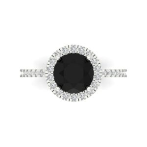 1.82ct Round Cut Solitaire halo Natural Black Onyx designer Modern Statement with accent Ring Solid 14k White Gold Size 4.5