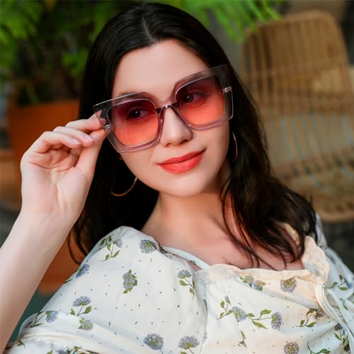 FEISEDY Sunglasses Womens Trendy, Oversized Square Shades, Pearl Inlay Cat Eye Frame UV400 Protection B2625,Clear Purple/Purple Pink