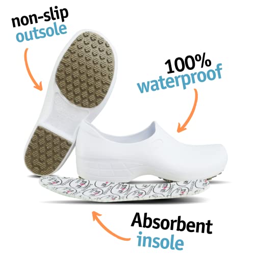 Sticky Nursing Shoes Women - Chefs - Kitchen - Nurses - Clogs for Work - Waterproof Non Slip (White, 8.5)