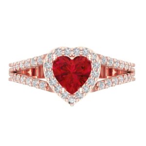 Clara Pucci 1.69ct Heart Cut Solitaire Halo split shank Red Ruby Designer Wedding Bridal art deco Anniversary Ring 14k Rose Gold 6