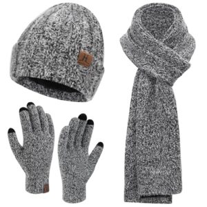 Womens Winter Warm Knit Beanie Hat Touchscreen Gloves Long Neck Scarf Set with Fleece Lined Skull Caps Gifts for Women Men Black