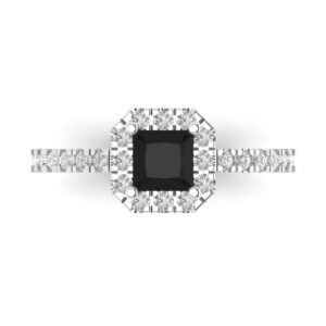 1.34ct Princess Cut Solitaire with accent Black Onyx Designer Wedding Bridal art deco Anniversary Ring 14k White Gold 7.25