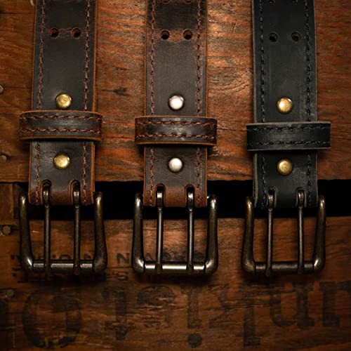 Men’s Classic Leather Belt, Double Prong Retro Style, Antique Brass Buckle, 1 ½” Width, Amish handmade in the USA (Vintage Brown, 34")