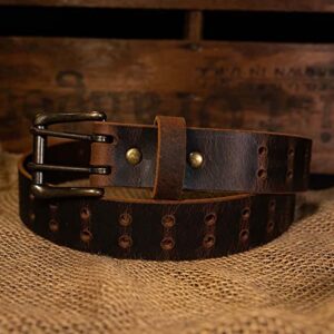 Men’s Classic Leather Belt, Double Prong Retro Style, Antique Brass Buckle, 1 ½” Width, Amish handmade in the USA (Vintage Brown, 34")