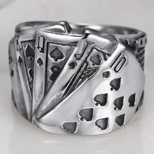 Jude Jewelers Retro Vintage Stainless Steel Poker Games Royal Sraight Flush Casino Cocktail Party Biker Ring (Silver, 16)