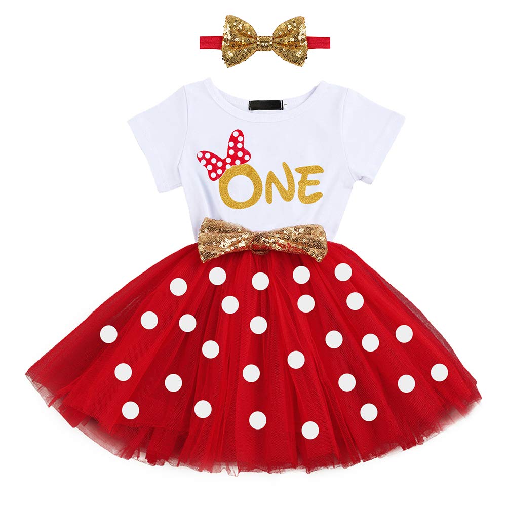 It's My 1st/2nd Birthday Cake Smash Outfit One Two Year First Birthday Party Dress for Baby Girls Princess Shiny Letter Print Polka Dot Tulle Tutu Dress Sequin Bow Headband 2PCS Clothes Set Red One