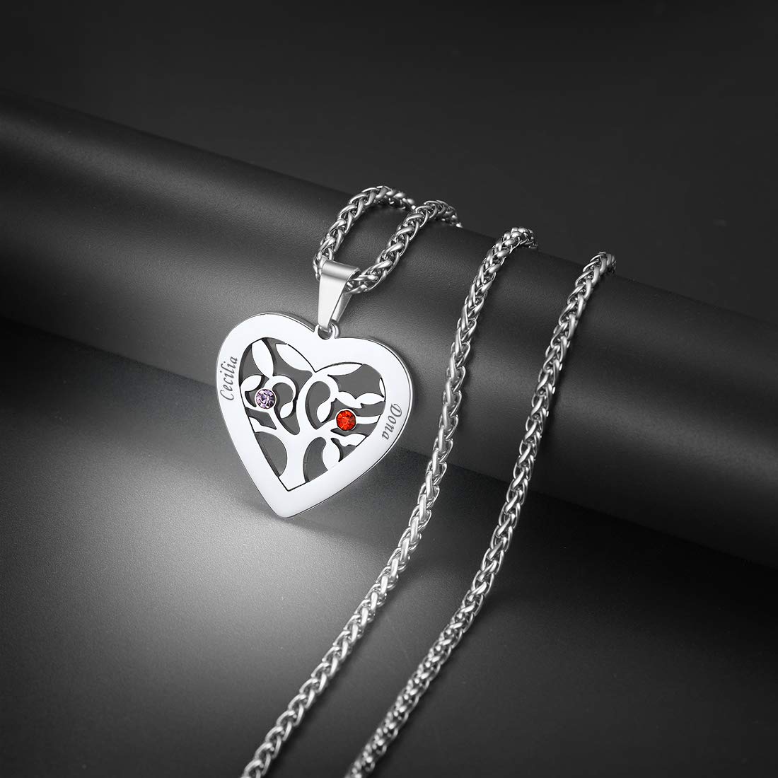 U7 Mothers Necklace Personalized Custom Family Branch Tree Heart Necklace with Crystal Birthstone Stainless Steel Hypoallergenic 2-6 Names Engraved Necklaces for Mom Grandma Wife