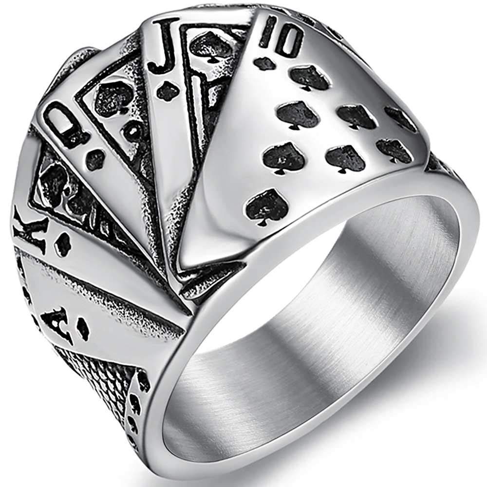 Jude Jewelers Retro Vintage Stainless Steel Poker Games Royal Sraight Flush Casino Cocktail Party Biker Ring (Silver, 16)