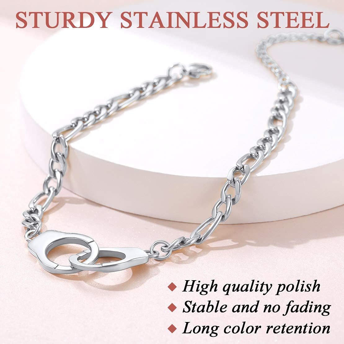 FindChic Handcuff Ankle Bracelets for Women Partners in Crime Stainless Steel Gothic Punk Jewelry 8.5'' Adjustable Ankle Chain Foot Link Infinity Anklets