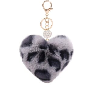 Women's Heart Faux Fur Pom Pom Key Chains Bag Accessory Puffball Keyring Backpack Charms for Girls(Leopard-grey)