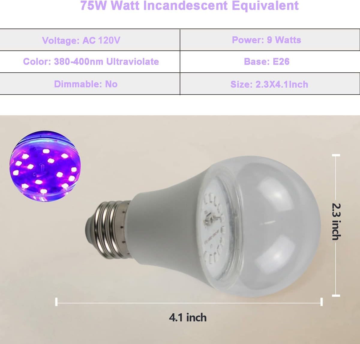 LED Black Lights Bulb, 9W A19 Led Bulb (75Watt Equivalent), UVA Level 380-400nm, E26 Medium Base 120V, Glow in The Dark for Blacklights Party, Body Paint, Fluorescent Poster- 4 Pack