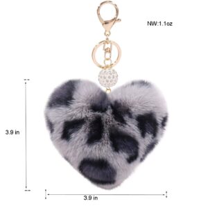 Women's Heart Faux Fur Pom Pom Key Chains Bag Accessory Puffball Keyring Backpack Charms for Girls(Leopard-grey)