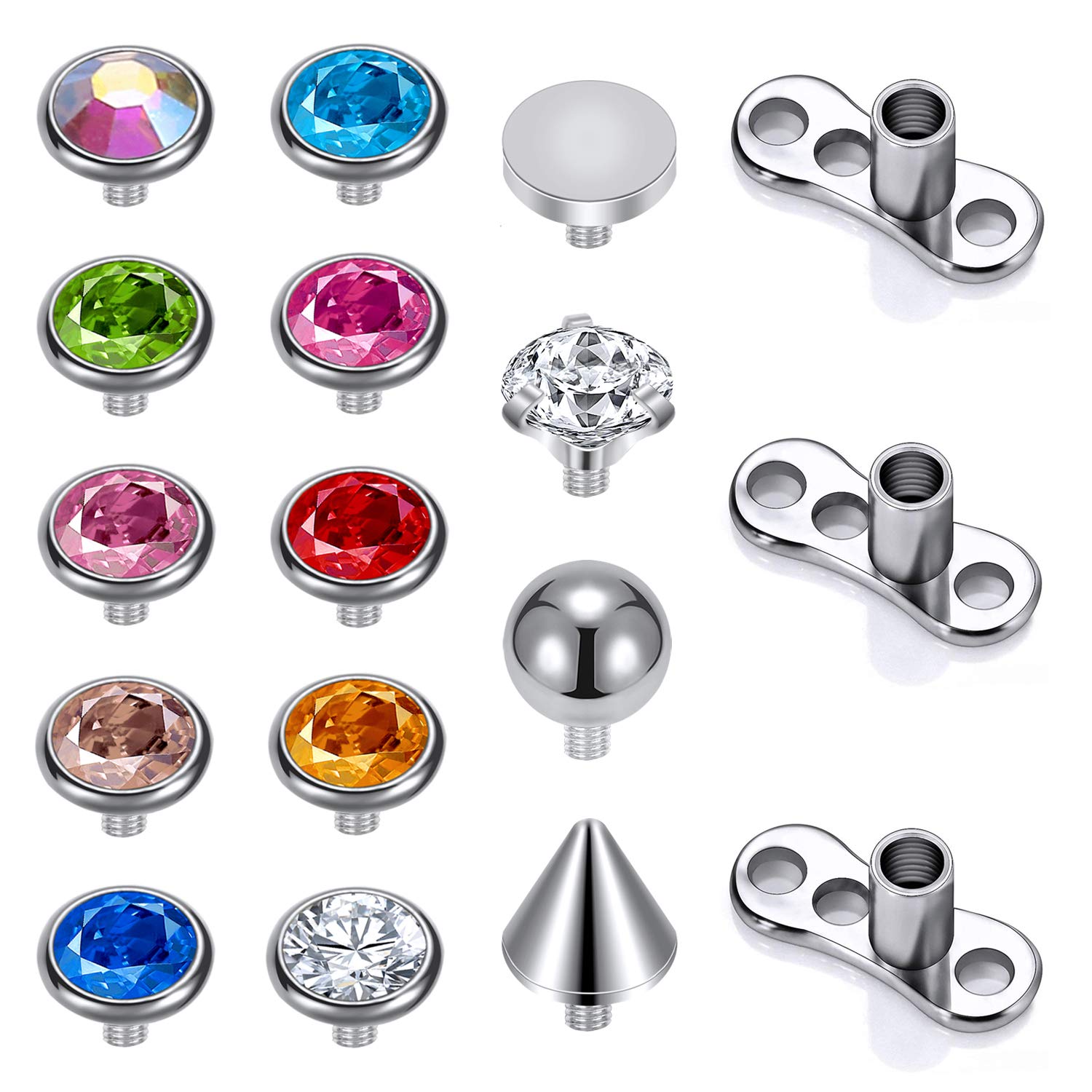 ZS 14/15PCS Cubic Zirconia Dermal Anchor Tops 2mm 3mm 4mm, 14G Surgical Steel Internally Threaded Dermal Anchor Base Microdermals Piercing for Women Men (Set:B)