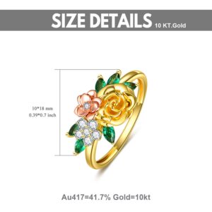 SISGEM 10K Real Gold Rose Flower Leaf Charming Rings for Women,Inlaid Moissanite Three Flower Attractive Ring for Valentine Day,Delicate Birthday Gift for Mom or Wife (10K-Yellow, 6)