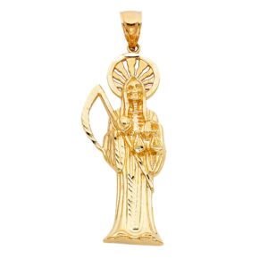 14k yellow gold high polish small to extra large religious santa muerte charm pendant (tgdj-2507 (3.5 inch))