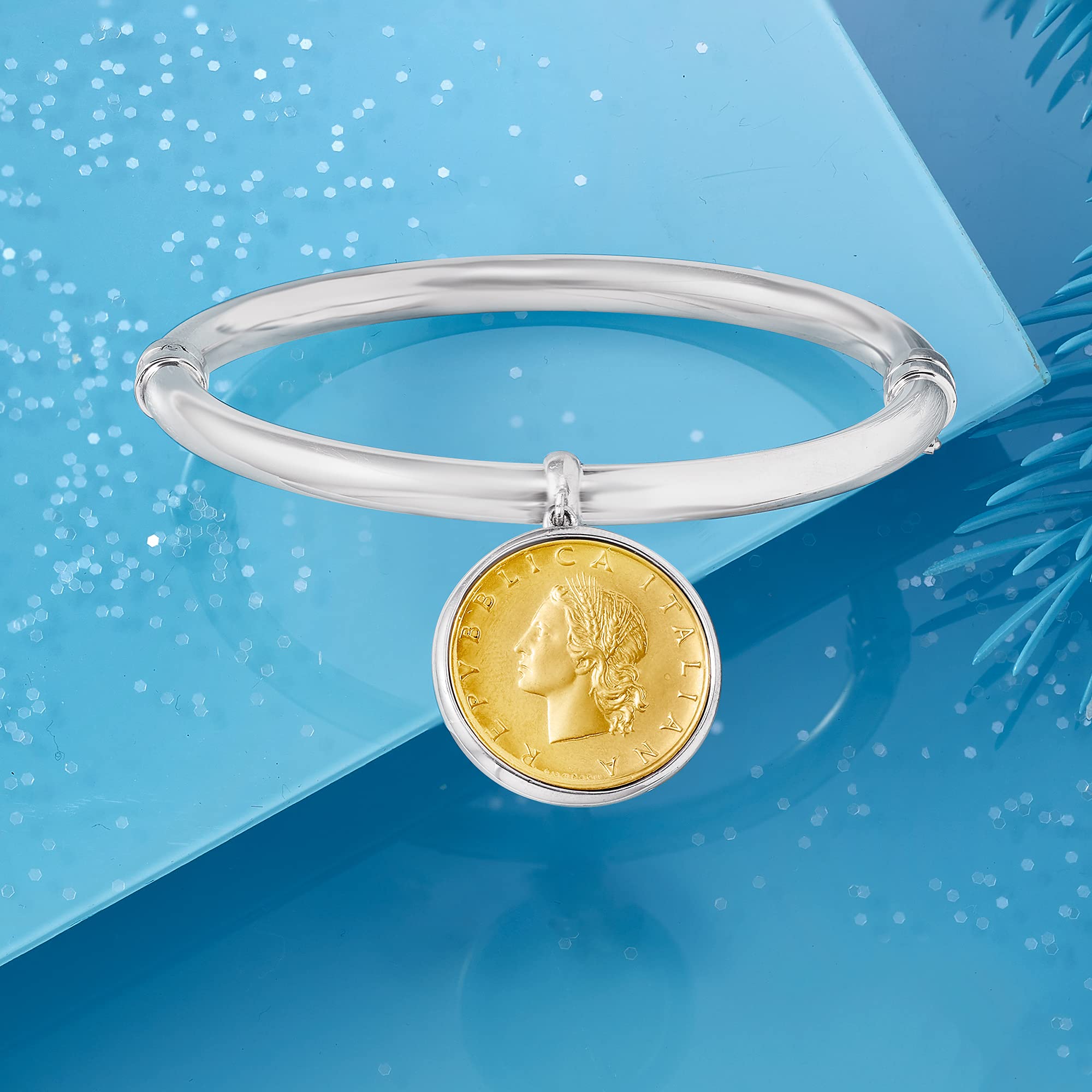 Ross-Simons Italian Genuine Lira Coin Charm Bangle Bracelet in Sterling Silver. 8 inches