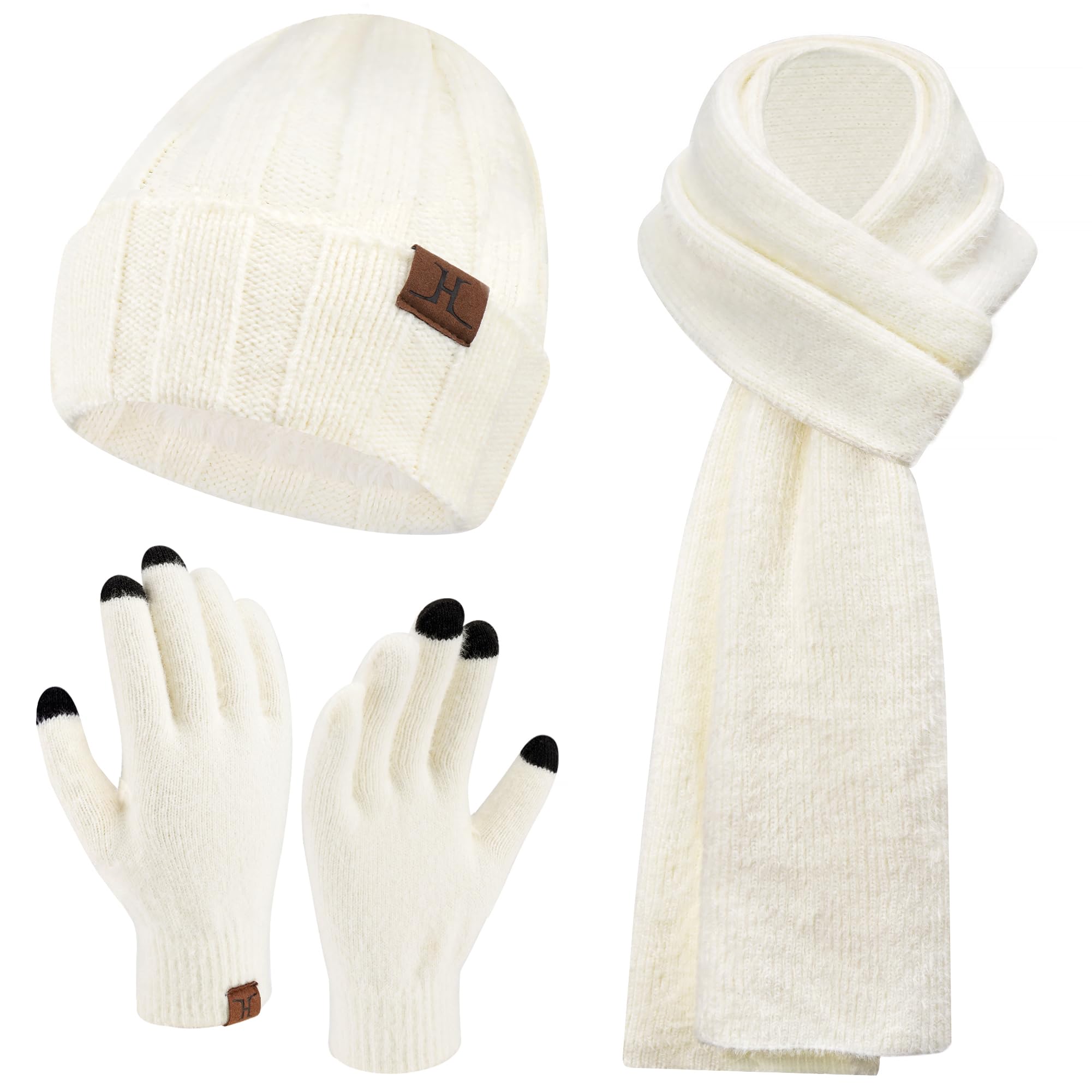 Womens Winter Warm Knit Beanie Hat Touchscreen Gloves Long Neck Scarf Set with Fleece Lined Skull Caps Gifts for Women Men White