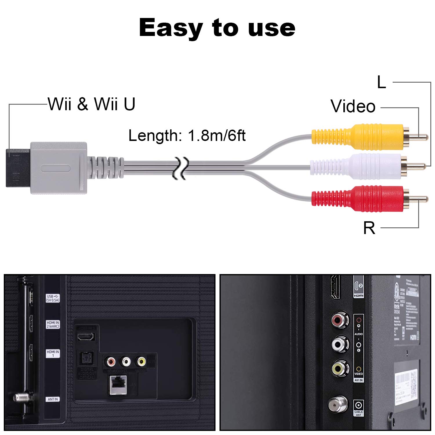 Aokin AV Cable for Wii Wii U, Audio Video AV Cable Cord for Nintendo Wii and Wii U, 1.8M/6FT, Compatible for Television