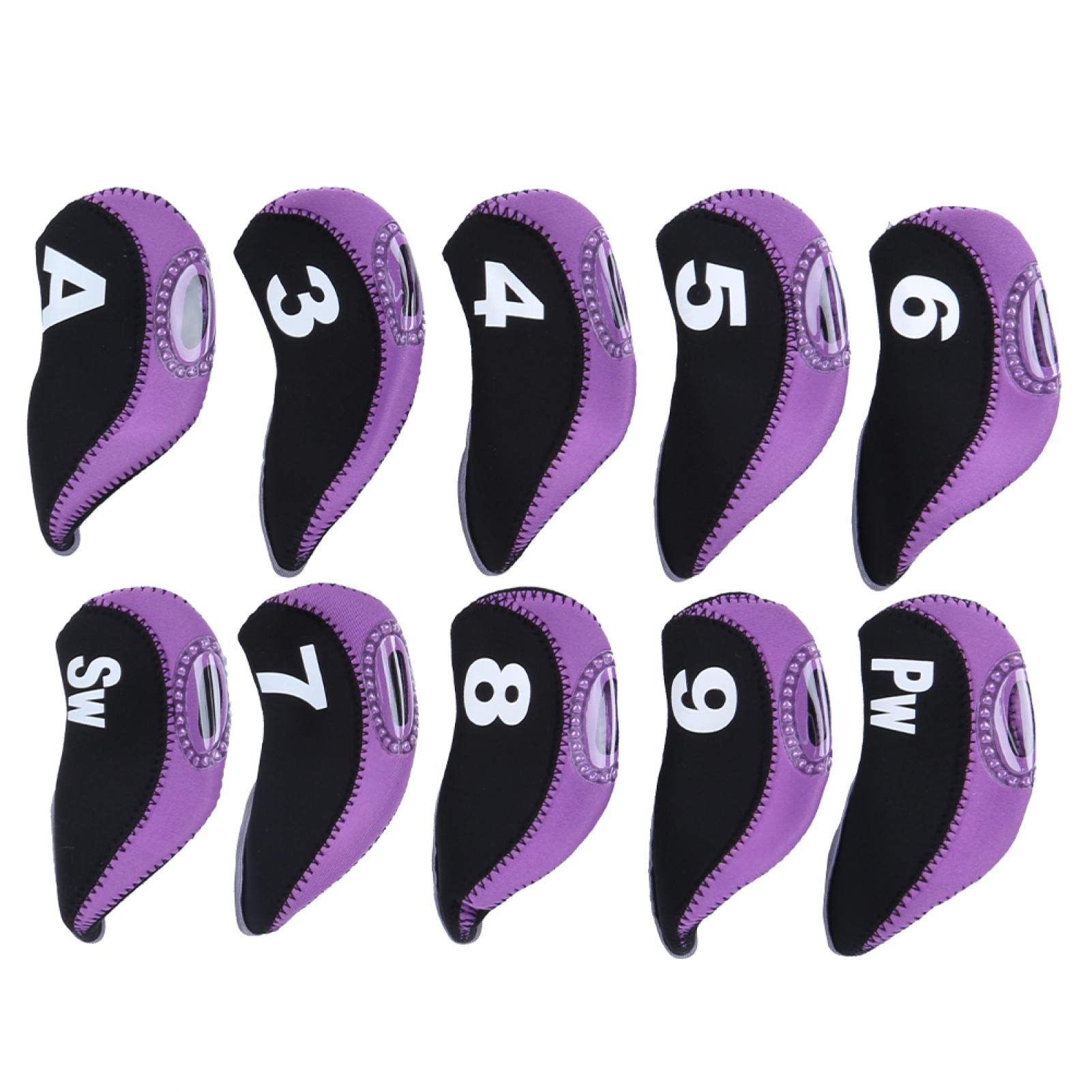 Liukouu Golf Club Iron Head Covers Set, 10Pcs Neoprene Head Cover Black Purple Number Golf Club Irons Covers for Golf Lovers