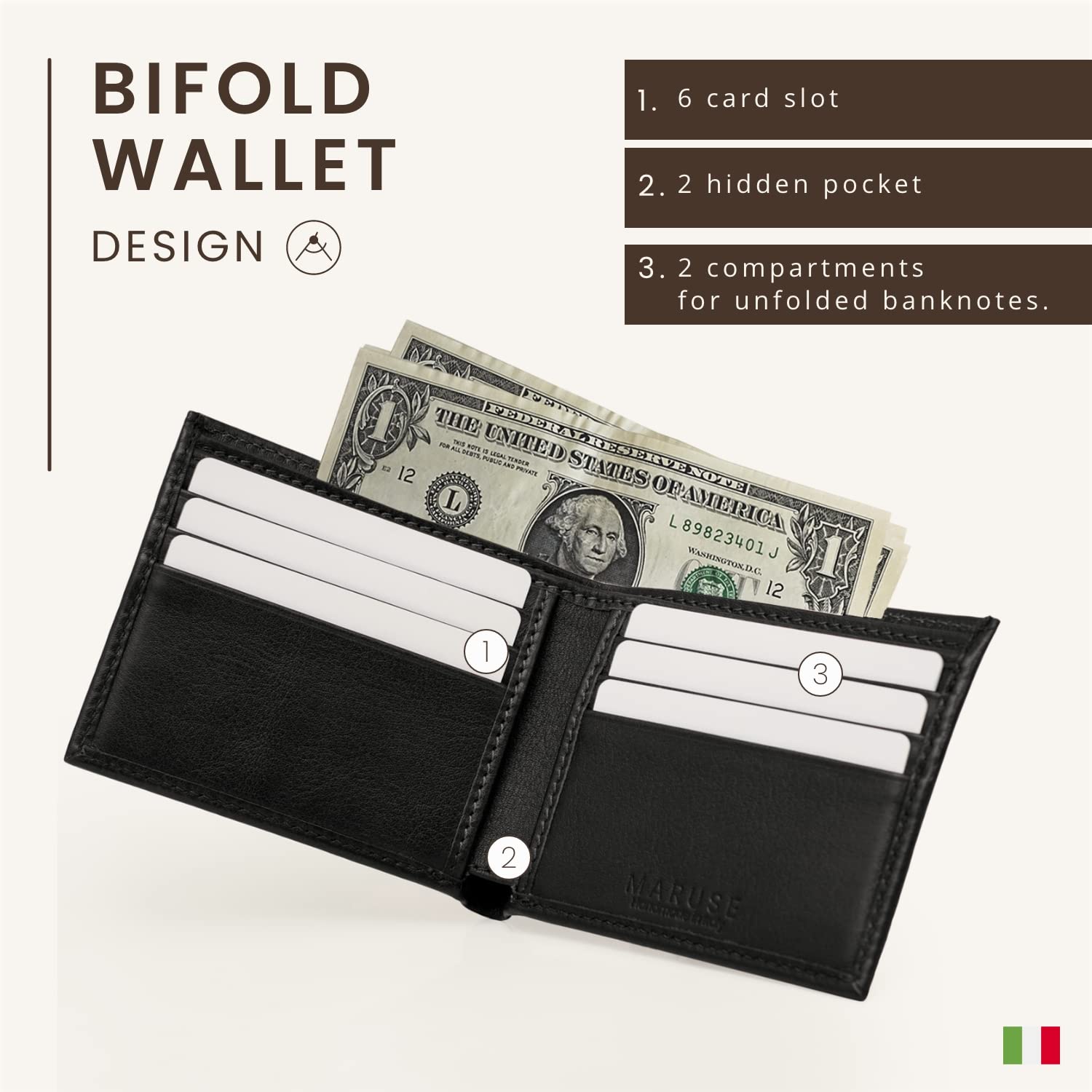 Maruse Bifold Wallet - Slim Leather Wallet – Genuine Italian Calf Leather Wallet – Elegant and Classy – Versatile and Minimalist Wallet for Men, Black