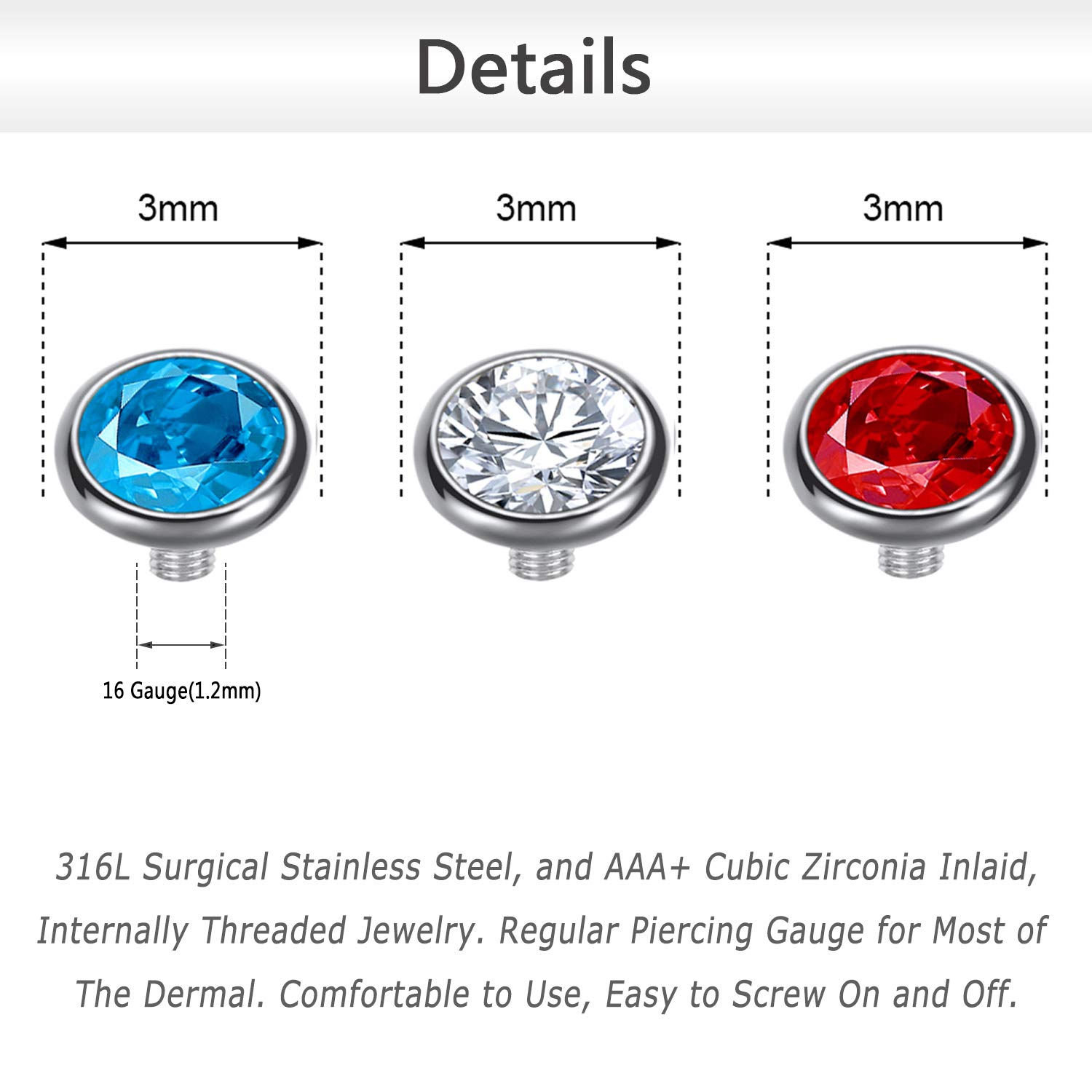 ZS 14/15PCS Cubic Zirconia Dermal Anchor Tops 2mm 3mm 4mm, 14G Surgical Steel Internally Threaded Dermal Anchor Base Microdermals Piercing for Women Men (Set:B)