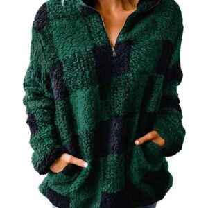 MEROKEETY Women's Plaid Sherpa Fleece Zip Sweatshirt Long Sleeve Pullover Jacket, Green, L