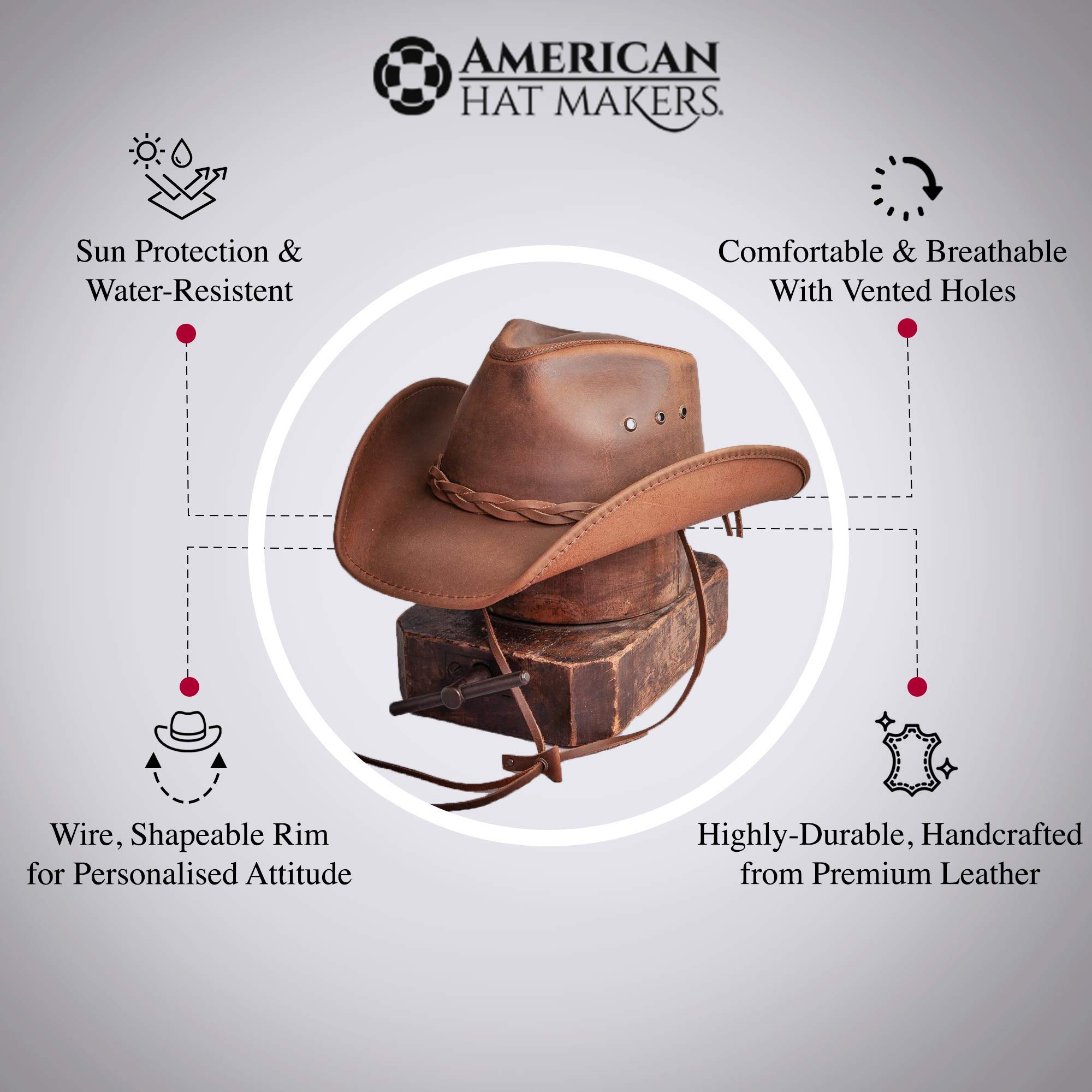 American Hat Makers Hollywood Leather Cowboy Hat for Men & Women — 100% Handcrafted Fine Leather Hat — Breathable Brown Cowboy Hat