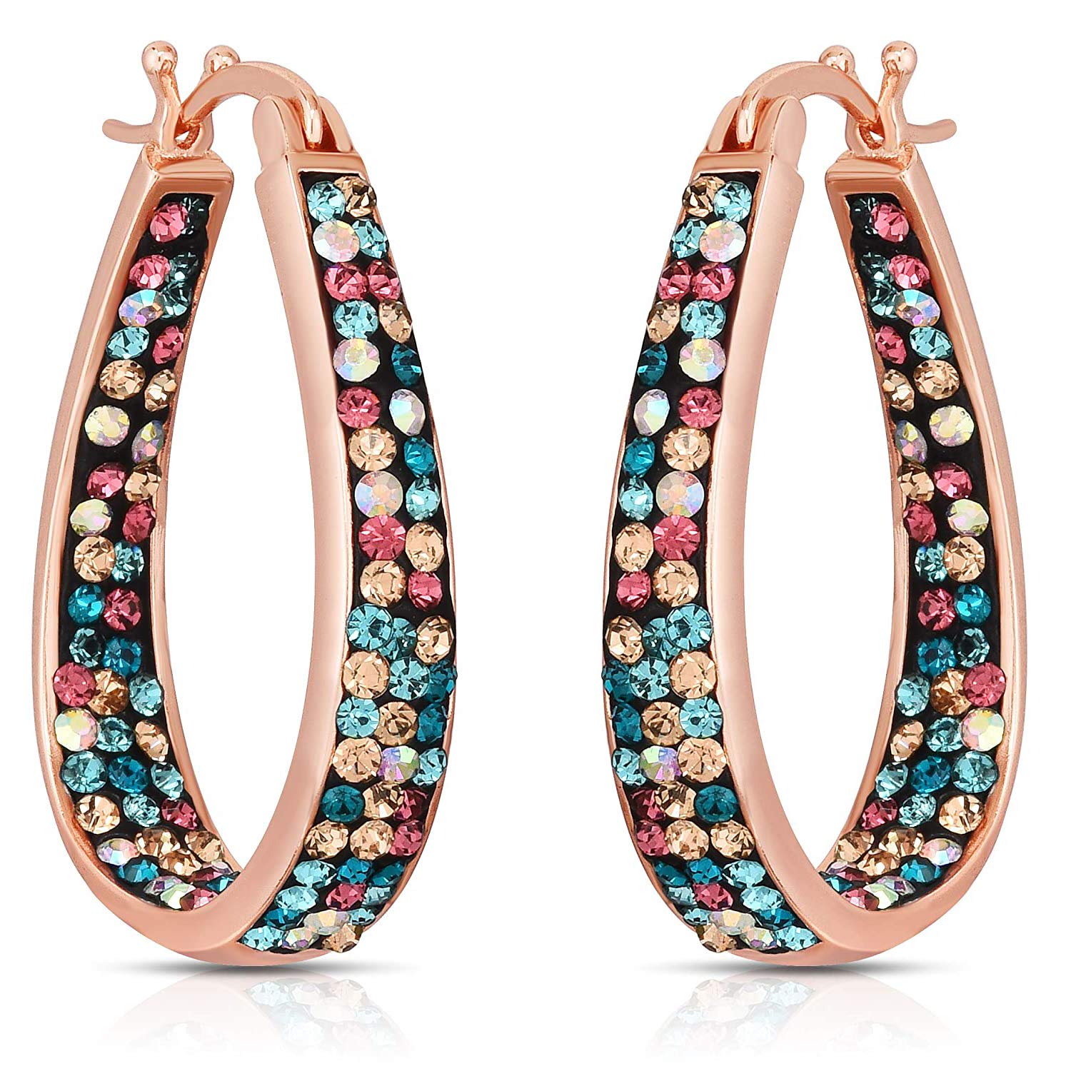 Savlano Inside Out Oval Shape Crystal Hoop Earrings For Women (Rose Gold Multicolor)