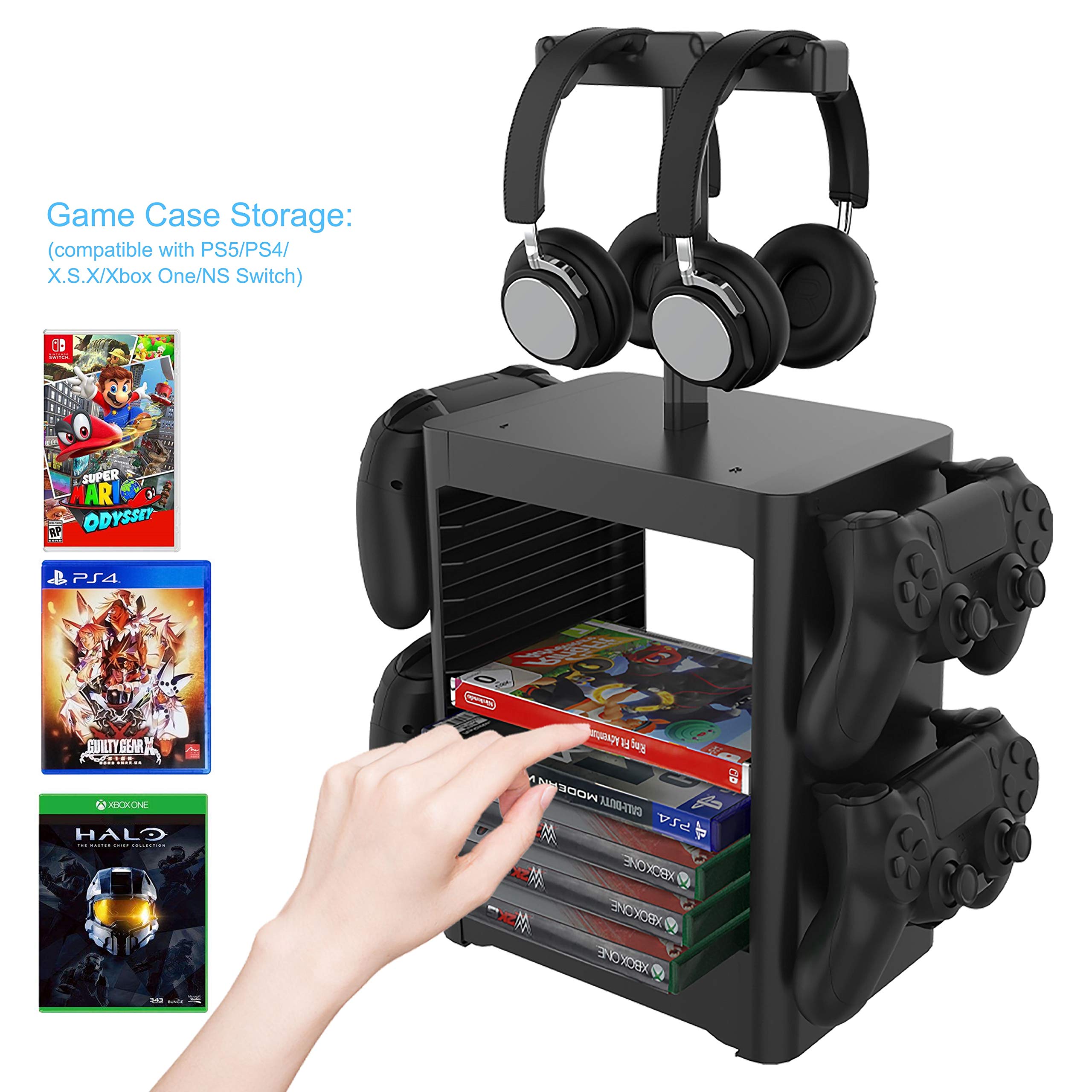 JOYTORN Games Storage Tower(Up to 10 Games) for PS5,Game Disk Rack and Controller/Headset Stand Holder Compatible with Xbox Series X/Nintendo Switch/PS4