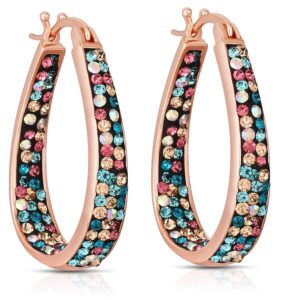 Savlano Inside Out Oval Shape Crystal Hoop Earrings For Women (Rose Gold Multicolor)