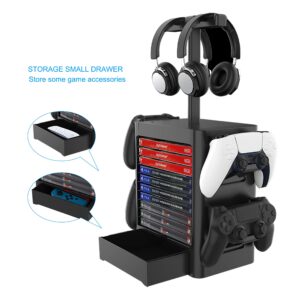 joytorn games storage tower(up to 10 games) for ps5,game disk rack and controller/headset stand holder compatible with xbox series x/nintendo switch/ps4