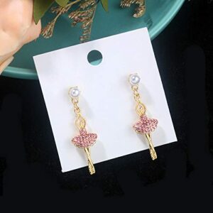 Sweet Dancing ong Stud Earrings Temperament Inlay Rhinestone Ballerina Drop Dangle Earrings for Women Jewelry (Pink)