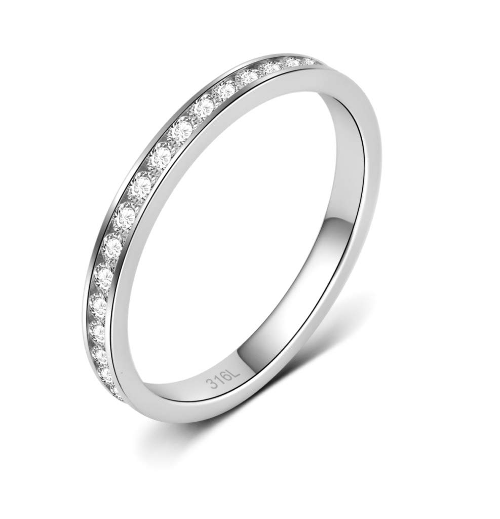 Women's Stainless Steel (316L) Stackable Band Ring, 2mm Wide, Full Eternity Ring. Cubic Zirconia (CZ) Wedding Band Ring, Size 5-10, Channel Setting