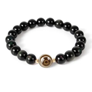 L&C Feng Shui Black Obsidian Beaded Bracelet - Women Mens 8MM Natural Obsidian Crystal Evil Eye Agate Relief Reiki Healing Stone Protection Link Bracelet Bring Luck Prosperity Wealth (Black Evil Eye)