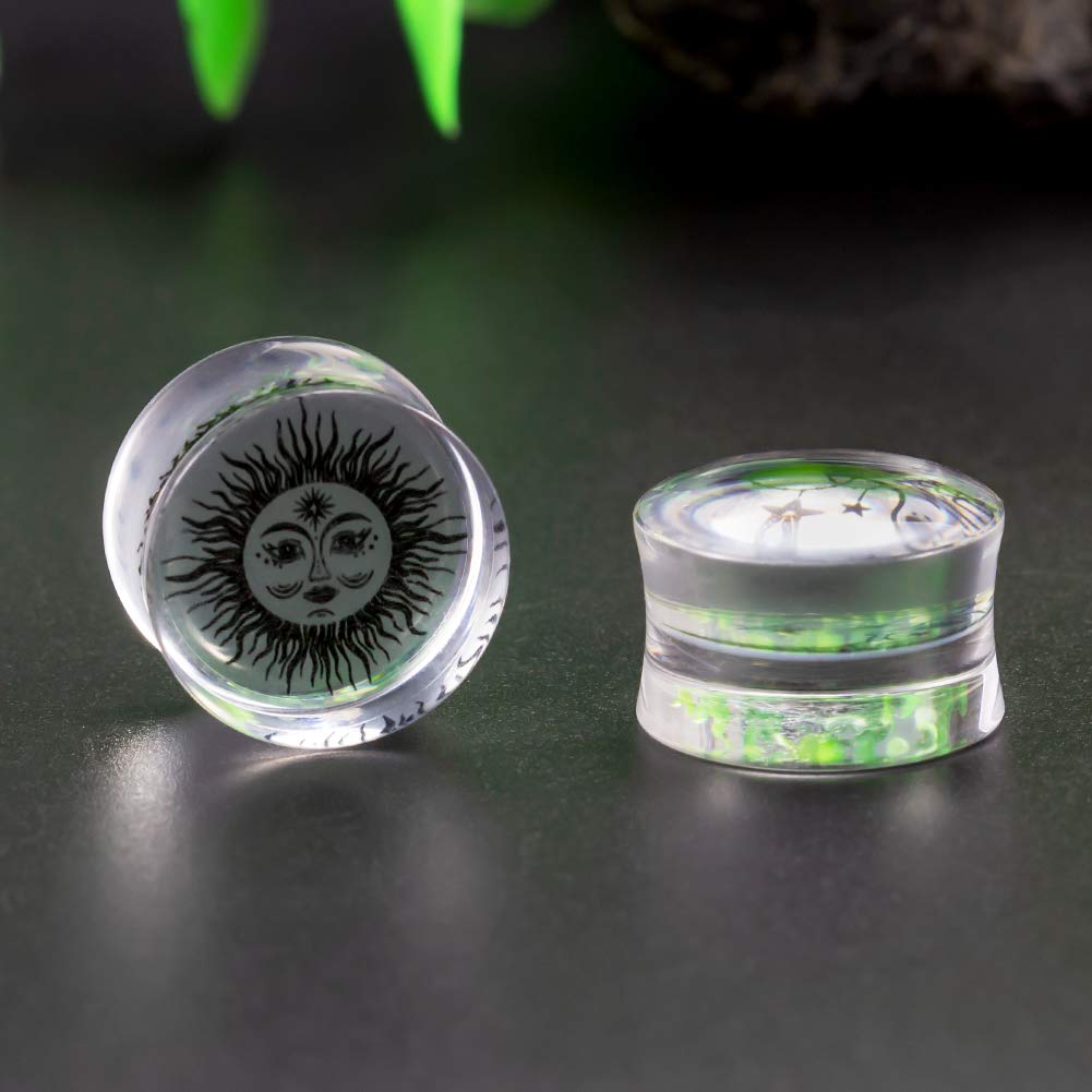 COOEAR Ear Gauges Piercing Saddle Plugs, Double Flared Tunnels, Acrylic Sun and Moon Logo Earrings Matched Stretchers.