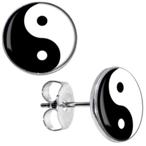 dianal boutique stainless steel 2-tone yin yang symbol earrings stud gift boxed fashion jewelry