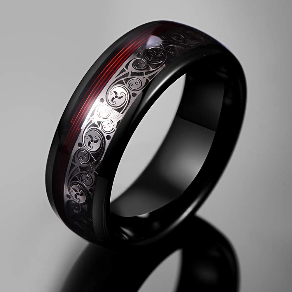 Vakki Black Tungsten Carbide Promise Ring with Celtic Spiral and Red Guitar String Inlay 8mm Domed Black Tungsten Wedding Band Size 11.5