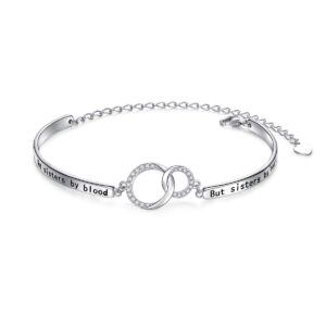 FLYOW 925 Sterling Silver 2 Interlocking Infinity Circles Bracelet with Message Not Sisters By Blood, But Sisters by Heart, Adjustable Sisters Bracelets Friendship Jewelry for Women (Two Circles)