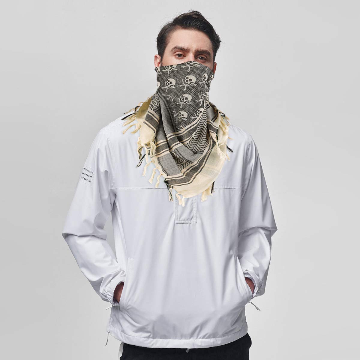 GERINLY Skeleton Shemagh Scarf Palestine Men Tactical Military Desert Scarf Summer Cotton Arab Wrap Shawls Dustproof (Beige)