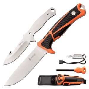 Elk Ridge - Outdoors -TREK - Interchangeable Fixed Blade Knife, Drop Point and Gut Hook Blades, Orange and Black TPR Handle, Injection Molded Sheath with Ferro Rod and Sharpener - ER-TKFIX001