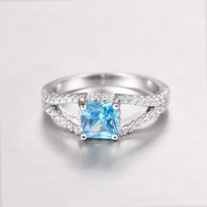 Empsoul 925 Sterling Silver Wedding Ring Princess Cut 6.5x6.5mm Blue Topaz Wedding Engagement Promise Ring Size 6