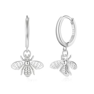 Bee Hoop Earrings Dangle for Women - Small Drop Huggie Hoop Earrings with Bee Charm in Sterling Silver for Her